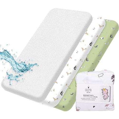 Lilly B. Organic GOTS Set Bassinet Sheets 2+1 Waterproof Protector fits All Shapes up to (16x33) inch Certified by GOTS & OEKOTEX Gender Neutral for All Bassinets - Animals