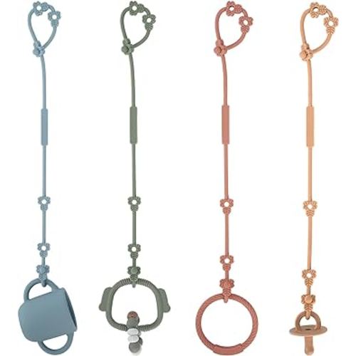 Toy Safety Straps, Silicone Pacifier Clips, Adjustable Stretchable Sippy Cup Straps for Strollers, High Chair, Cribs, Hanging Baskets, Car Seat, Shopping Trolley, 4 Pack, (Ether+Sage+Muted+Apricot)