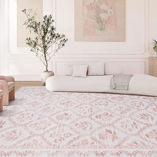 Pink and White Boho Living Room Rug 8x10 Area Rug for Bedroom Girls Women Floral Leaf Farmhouse Distressed Soft Rug Washable Low Pile Non Slip Large Blush Pink Rug Nursery 8 by 10 Ft