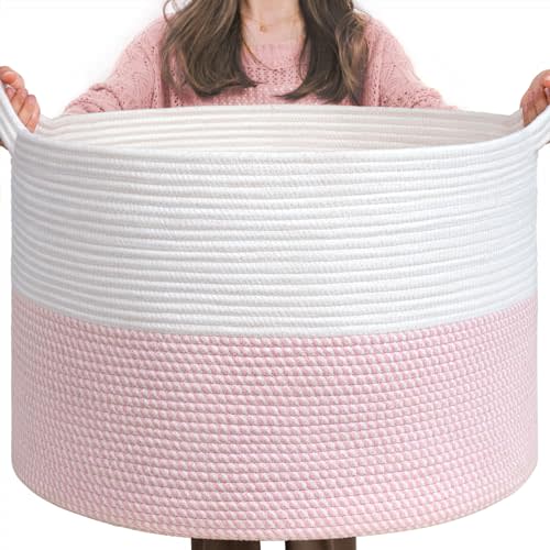 INDRESSME XXXLarge Storage Basket with Handle, Pink Laundry Basket for Nursery Stuffed Animal Storage, Baby Baskets Kids Toy Organizer, 21.7" x 21.7" x 13.8", Pink