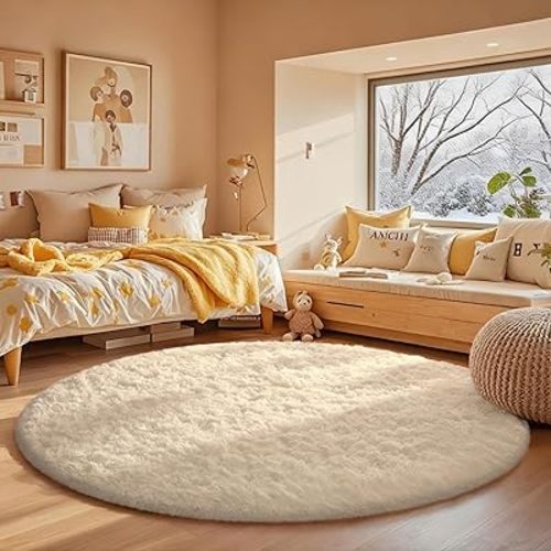 Ophanie Round Rugs 5Ft Ivory Circle Area Rug, Nursery Room Decor, Christmas Aesthetic Bedroom Home Circular Carpet 5 Foot, Fluffy Fuzzy Shag Plush Cream Living Room Rugs for Kids Boys Girls Teen Baby