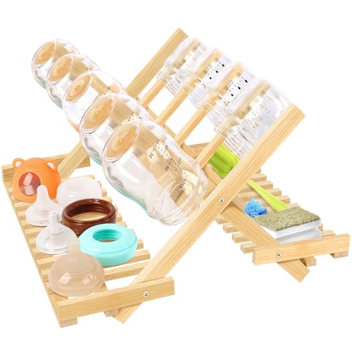 MJZ Baby Bottle Drying Rack, Foldable Bamboo Bottle Rack Dryer Space Saving, Travel Vertical Portable Baby Bottle Storage Organizer for Countertop Baby Accessories