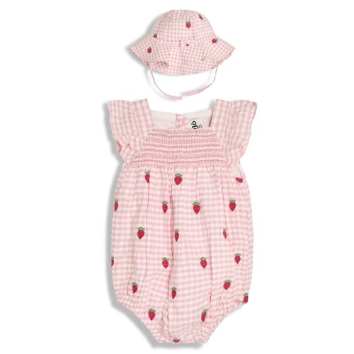 Gingham Check Strawberry Embroidered Romper & Sun Hat Set