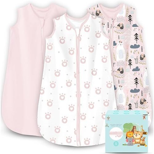 Cute Castle Baby Sleep Sack 0-6 Months - Lightweight 100% Cotton 2-Way Zipper TOG 0.5 Infant Wearable Blanket, Newborn Essentials Toddler Sleep Clothes, 3 Pack(Pink, Bear, Bear Claw)