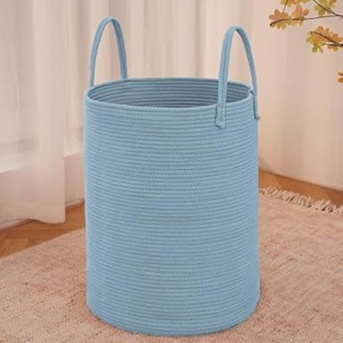 Large Woven Laundry Basket Hamper,60L Cotton Rope Storage Bin for Blankets,Toys and Clothes,Decorative Tall Nursery Hamper for Living Room,Baby Nursery,Bathroom and Bedroom,Blue