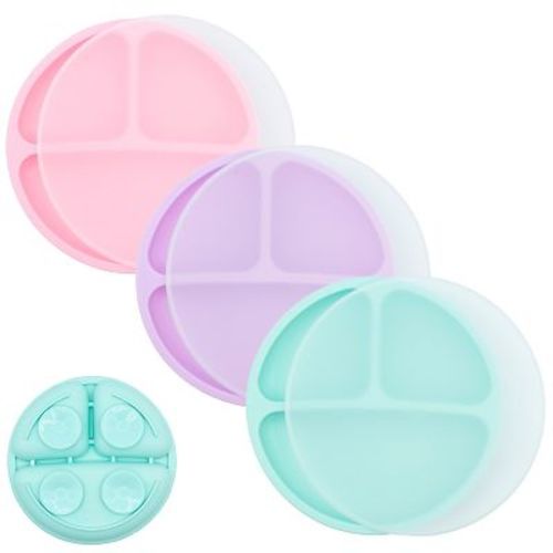 Weesprout Suction Plates For Babies & Toddlers 100% Silicone Divided Design - With Lids, 3 Pack