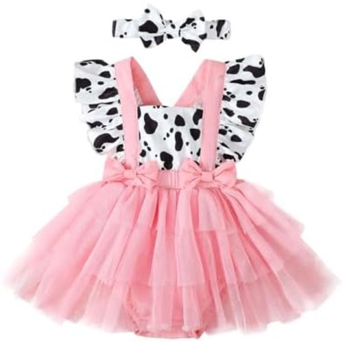 Amiblvowa Newborn Baby Girl Summer Clothes Pink Cow Print Ruffle Tutu Romper Dress Princess Birthday Western Cowgirl Outfit