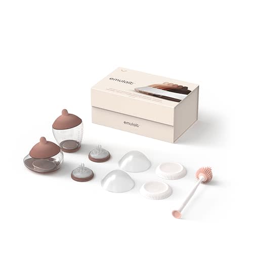 Emulait Baby Bottle Starter Kit Includes 2 Bottles 2 Nipples 2 Caps 2 Lids 2 Responsive Flow Valves, Cleaning Brush - Medium - Shape 4 (Most Common)-RFV