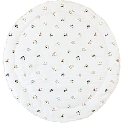 MakeMake Organics Organic Play Mat GOTS Certified Organic Cotton Nursery Floor Rug Washable Reversible Non Toxic Activity Mat Tummy Time Crawling Pad Thick Quilted (Round 48", Rainbow, White)