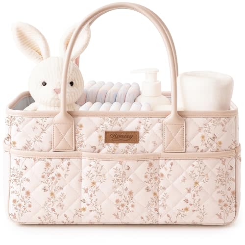 Konssy Floral Quilted Diaper Caddy Organizer, Diaper Caddy Basket with Vegan Leather Handles, Water-Repellent Nursery Storage Basket, Portable Car Organizer, Registry Search Must Haves (Floral)