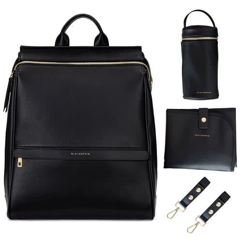 MIA + SOPHIA Leather Diaper Bag Backpack with USB Charging port, Changing Pad, Stroller Straps, and Bottle Holder (Black Sophia)