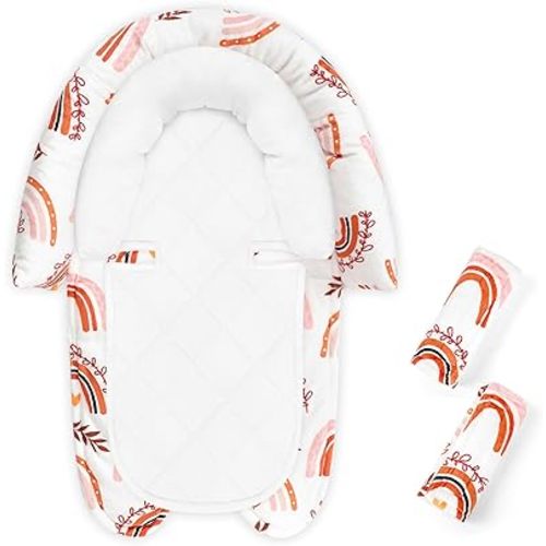 Baby Car Seat Head Body Support & Strap Covers, 2 in 1 Infant Car Seat Insert, Reversible Soft Breathable Newborn Cushion Pads for Preemie, Perfect for Baby Carseats, Strollers, Swings (Rainbow)
