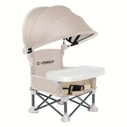 Portable Dining Chair with Safety Belt, Foldable & Detachable Tray - Lightweight Sturdy Frame, Adjustable Seat Height, Easy-Clean Fabric (Pink/Beige/Grey/Green)