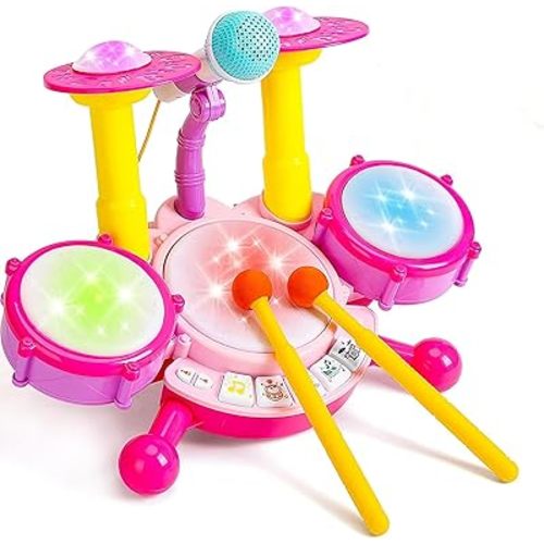 Drum Set for Kids with 2 Drum Sticks and Microphone, Musical Toys Gift for Toddlers