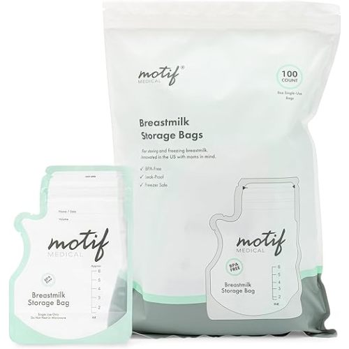 Motif Medical, Milk Storage Bags, 6 oz Milk Freezer Bag with Easy Pour Spout, BPA Free, Write-On Label - 100 Count