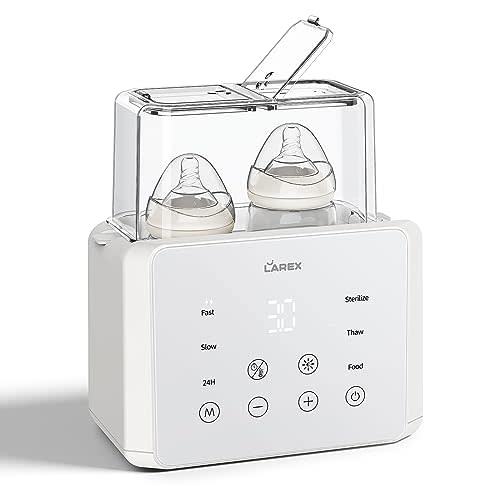 LAREX Double Bottle Warmer, 11-in-1 Fast Baby Bottle Warmer for Breastmilk and Formula, with Timer, Fits 2 Bottles, Accurate Temp Control, Milk Warmer with Thaw, Steri-lizing, Keep Warm, Heat Food