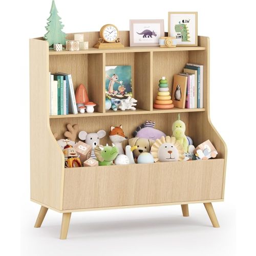 Kids Bookshelf and Toy Storage, 3-Tier Wooden Bookcase, Baby Book and Toy Storage Display Organizer with Spacious Top Shelf for Children, Family, Natural Wood Color(Large Size)