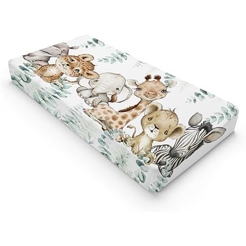 HawSkgFub African Safari Jungle Animals Eucalyptus Leaf Changing Pad Cover Baby Girl Boy, Giraffe Elephant Leopard Lion Zebra Diaper Change Table Sheet Soft Stretchy Safe Snug Fitted Fit 32"/34" x 16"