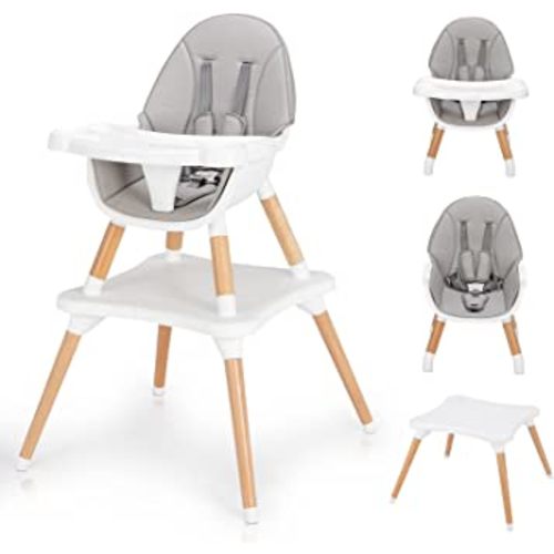 Ktaxon 5-in-1 Baby High Chair, Wooden Convertible Feeding Highchairs with Removable Tray, Height Adjustable Legs and Safety Harness, Portable Booster for Toddlers & Babies (Gray)