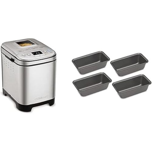 Cuisinart Bread Maker Machine, Compact and Automatic, Customizable Settings, Up to 2lb Loaves, CBK-110P1, Silver,Black & CMBM-4LP Mini Loaf Pan (Set of 4)