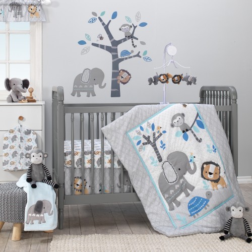 Bedtime Originals Jungle Fun 3-Piece Animals Crib Bedding Set - Blue, Gray, White