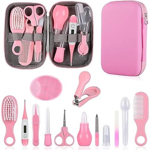 Baby Grooming Kit, Infant Safety Care Set with Hair Brush Comb Nail Clipper Nasal Aspirator,Baby Essentials Kit for Newborn Girls Boys (Pink)