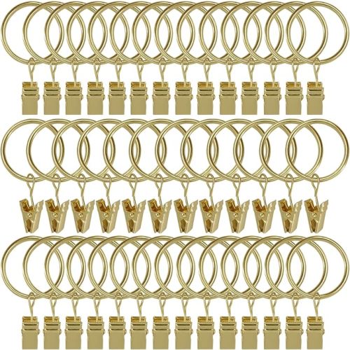 40 Pack Curtain Rings with Clips, Drapery Clips with Rings, Drapes Rings 1.26 in Interior Diameter, Fits up to 1 in Curtain Rod, Gold Color