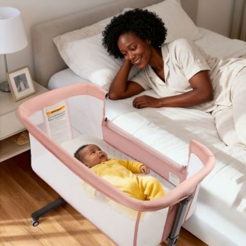 Kinder King Baby Folding Bassinet w/Wheels,Portable Newborn Bedside Sleeper All-Sided Mesh Infant Crib Removable Soft Mattress Pink