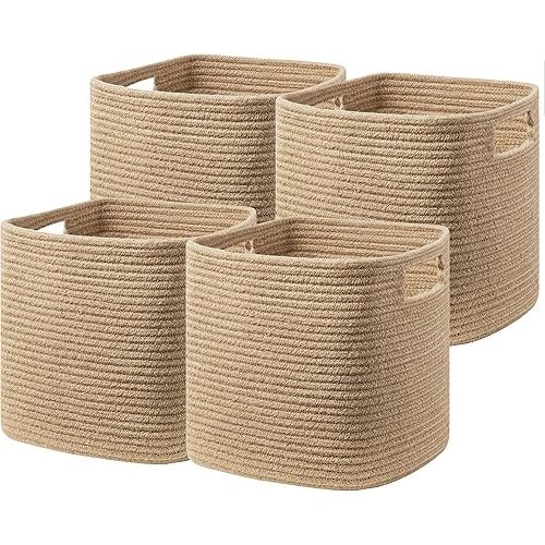UBBCARE Set of 4 Storage Basket-13 X 13 X 13 in, Basket for Shelves, Cube Storage Bins with Handles, Woven Storage Basket for Organizing, Jute