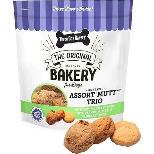 Three Dog Bakery Assort Mutt Trio, 48oz – Delicious Dog Treats with Oats, Apple, Peanut Butter & Vanilla, Premium Dog Training Treats, Puppy Treats