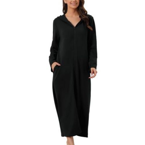cheibear Women's Zip Up Sweatshirt Robe Hooded Long House Coat Bathrobe Fall Winter Black XX-Large