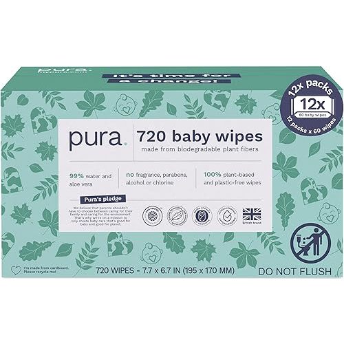 Pura Baby Wipes 12 x 60 Wipes (720 Wipes), 100% Plastic-Free & Plant Based Wipes, 99% Water, Suitable for Sensitive & Eczema-prone Skin, Fragrance Free & Hypoallergenic, EWG, Cruelty Free