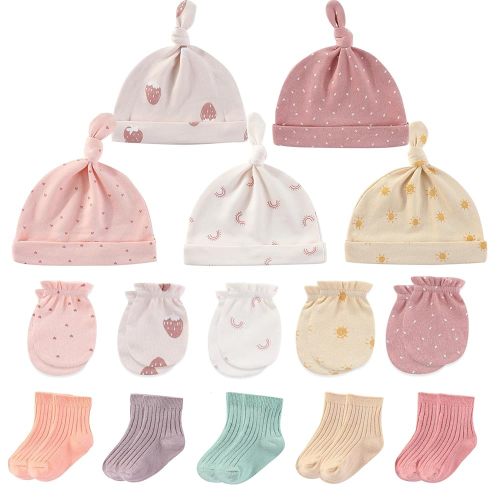 Newborn Baby Boy Girl Caps Mittens Socks Set Cotton Baby Essentials Accessories (Hats+Gloves+Socks)