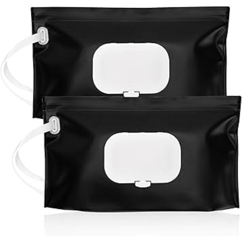 FEBSNOW 2 Pack Baby Wipes Dispenser Holder, Black Portable Refillable Baby Wet Wipes Pouch Container Reusable Travel Case