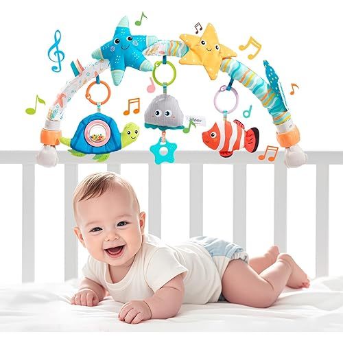 Jollybaby Musical Bassinet Stroller Crib Mobile Toy for Baby 0-6-12 Months, Infant Clip On Arch Hanging Toy with Music, Montessori Sensory Nursery Mobiles Attachment Toy for Newborn Gift - Starfish