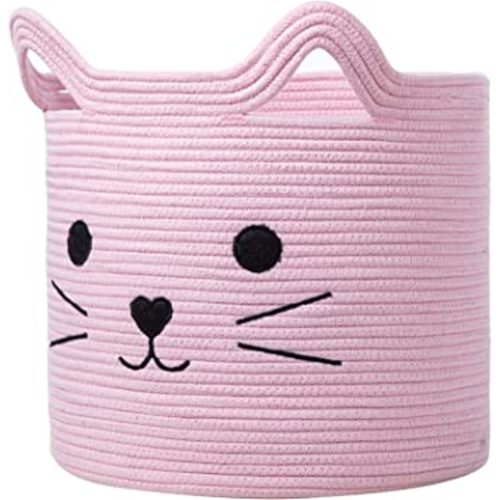 VK VK·LIVING Cat Toy Baskets Cotton Rope Animal Baskets Pink Laundry Baskets For Toys, Clothes,Gifts,Towels, Blankets,Pet Bed Pink Laundry Hamper for Organizing Kawaii Laundry Basket 15''x14''