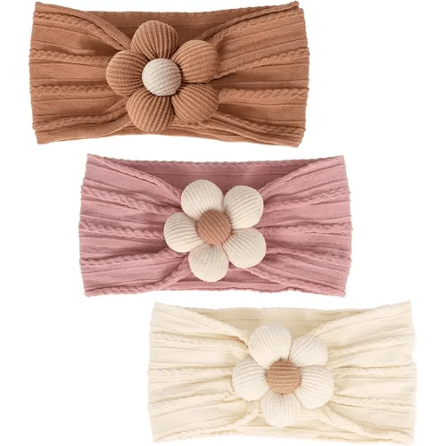3 Pcs Baby Flower Headbands Baby Girls Nylon Headband Soft Hairbands Hair Accessories for Newborn Infant Toddler Kids (Yellow,Pink,Brown)