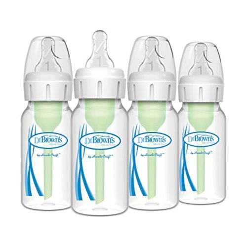 Dr. Brown’s Natural Flow® Anti-Colic Options+™ Narrow Baby Bottles 4 oz/120 mL, with Level 1 Slow Flow Nipple, 4 Pack, 0m+ - 4 Pack, 4oz, Clear