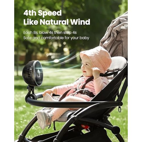 Gaiatop Baby Stroller Fan, 4000mAh Oscillating Mini Portable Fan with Light, 4 Speeds Battery Operated Small Handheld Desk Fan, 360° Rotate Flexible Tripod Clip On Fan for Car Seat Crib Travel Black
