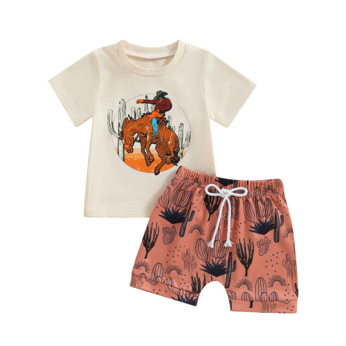 Toddler Baby Boy Summer Outfit Western Cowboy Short Sleeve T Shirt Top and Cow Hat Boot Shorts Set Infant Country Clothes