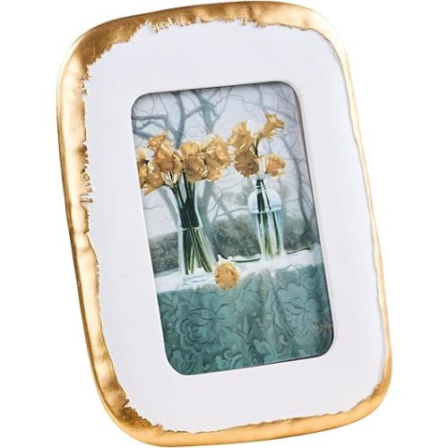 4x6 Picture Frame, Ornate Photo Frame White & Gold, Hand-Crafted Resin Table Top Frame, Hanging Frames with Easel, Hook & Mat, for Home Decor & Wall Gallery Art