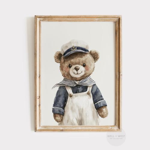 Teddy Bear Print | Vintage Style Sailor Art | Navy Coastal Nursery Decor | Neutral Sailing Wall Art | Nautical Boys Room Printable | P551