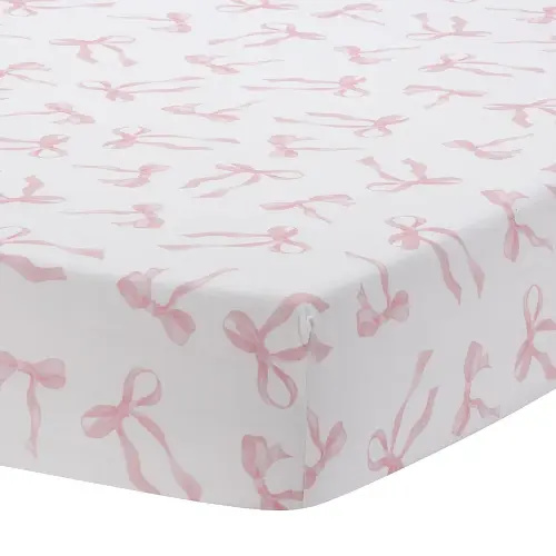Lambs & Ivy Coquette Bows - Sábana bajera ajustable de algodón rosa para bebé