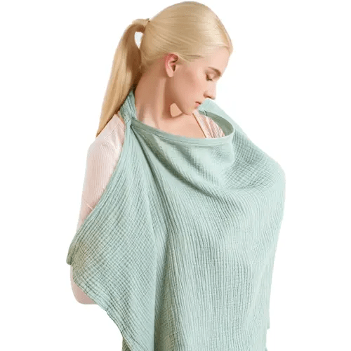 Muslin Nursing Cover for Breastfeeding, Breathable Privacy Nursing Covers with Arch Neckline for Hands-Free View, Soft Cotton Multi-use Adjustable Nursing Apron Cover | Carseat Cover(Light Green)