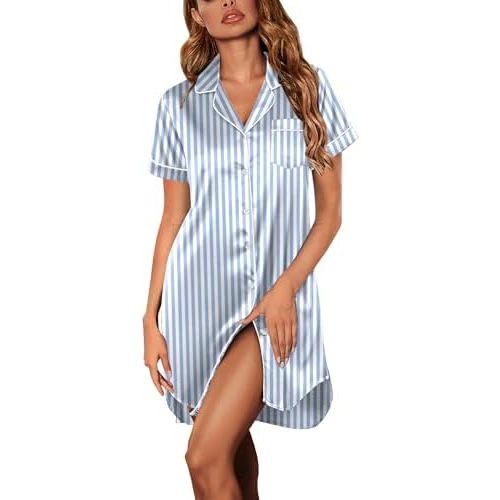 Ekouaer Women's Satin Nightshirt Button Down Sleepshirt Silk Short Sleeve Nightgown Boyfriend Notch Collar Sleepwear
