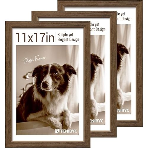 11x17 Picture Frame 3 Pack - Brown Woodgrain, Wood Photo Frame, HD Tempered Glass, Wall Gallery Poster Frame