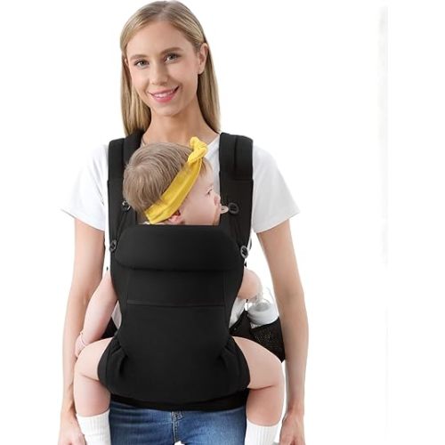 HKAI Baby Carrier for Newborn to Toddler - Multifunctional Pocket, Ergonomic Design, Comfortable Parenting and Lumbar Support for All-Position Infant Carrier (7-45lbs), Black