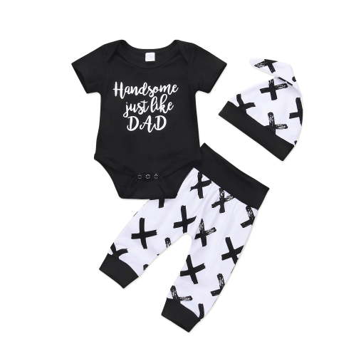 3Pcs Baby Boy Clothes Newborn Infant Bodysuit Summer Short Sleeve Romper +Pants+Beanie Hat Set