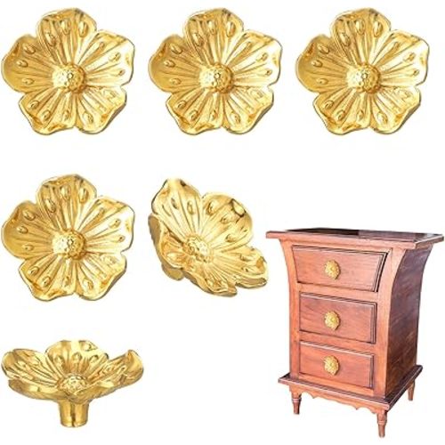6 Pack Flower Cabinet Knobs Gold Brass Drawer Knobs Floral Shape Dressers Pulls Cabinet Hardware Handles for Bathroom Closet Wardrobe Dresser