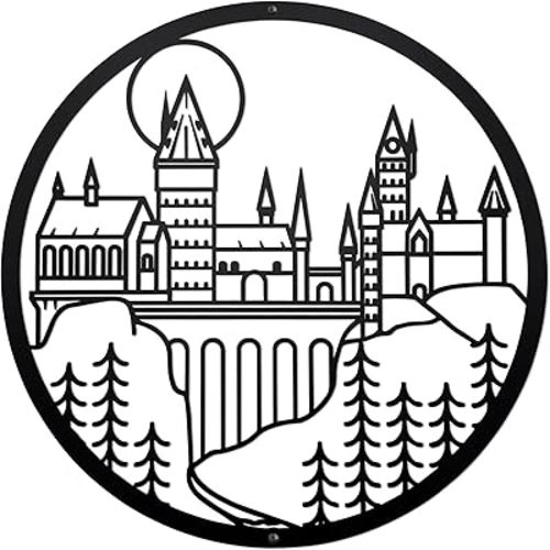 Magic School Metal Wall Decor Black Wizard School Wall Art Minimalistic Castle Wall Decor Round Wall Hanging Decor For Home, Bedroom, Bathroom, Living Room, Unique Housewarming, Christmas Gift (S)